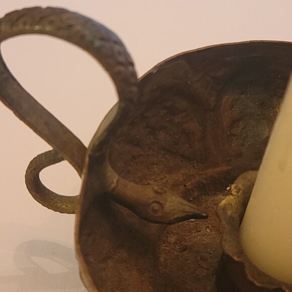 Ornate vintage antique copper candle holder - flowers and snake motif - Picture 3 of 3